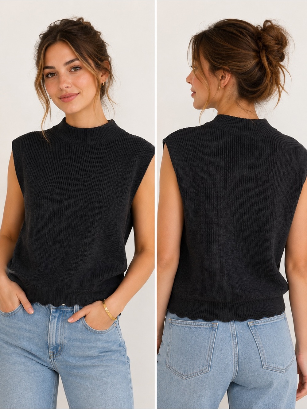 Cecilias Black Ribbed Knit Sweater Vest Top Size S | Minimalist Soft Stretch